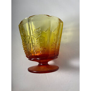 Vintage Glass Footed Compote Raspberry/Light Yellow - Raised Grape Pattern